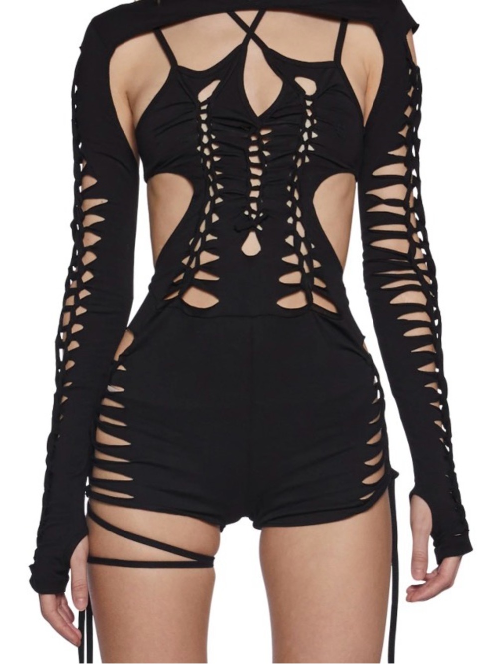 DARKER WAVE Chord Shredded Romper with Strings- black